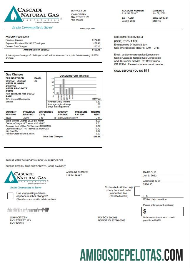 imprimível Conta de serviços públicos de gás natural em cascata dos EUA, modelo Word e PDF
